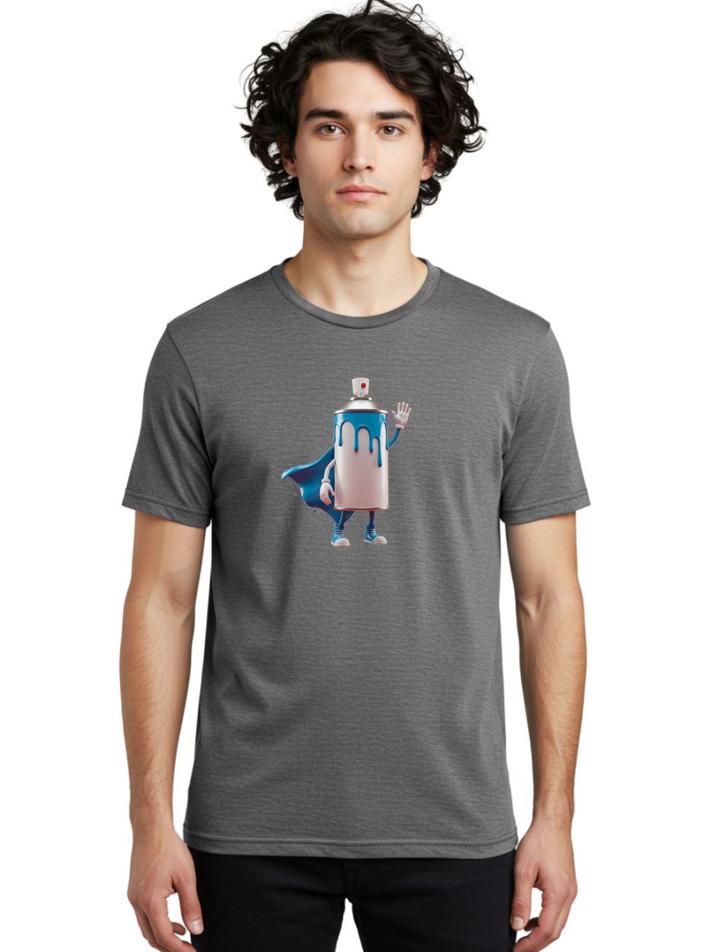 Spray-Can-1 Men'S Graphic Tee, 100% Cotton, Comfortable Casual Summer Wear, Machine Washable, Spray Can Character, Cartoon Style, Street Art, Graffiti, Superhero, Blue Paint, Creative Design, Artistic Expression, Urban Culture, Vibrant Colors, Bad684