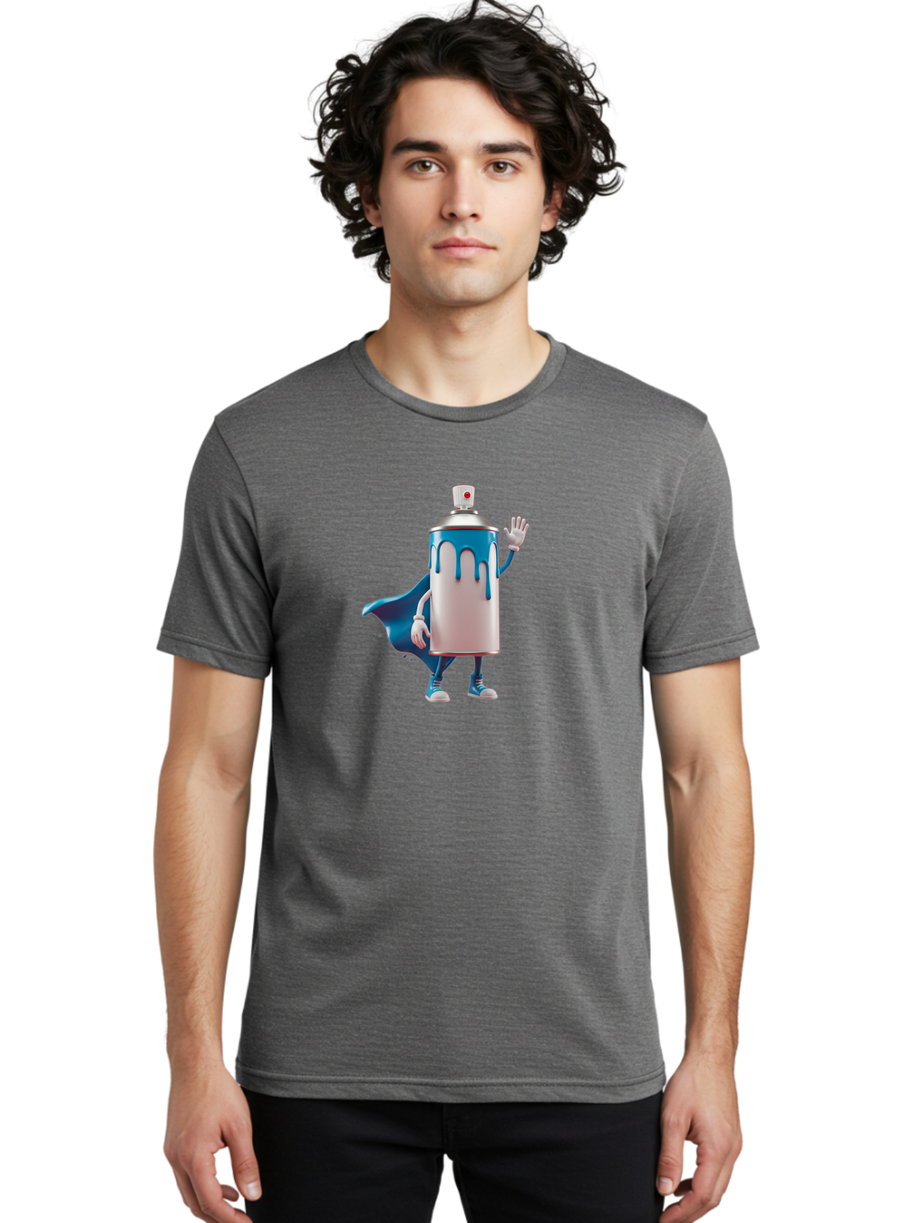 Spray-Can-1 Men'S Graphic Tee, 100% Cotton, Comfortable Casual Summer Wear, Machine Washable, Spray Can Character, Cartoon Style, Street Art, Graffiti, Superhero, Blue Paint, Creative Design, Artistic Expression, Urban Culture, Vibrant Colors, Bad684