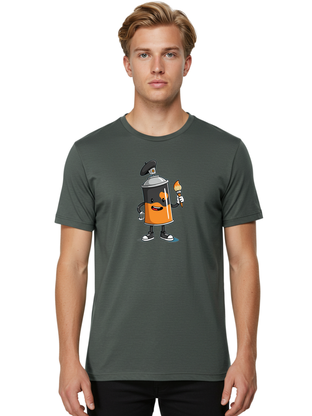 Spray-Can-2 Men'S Graphic Tee, 100% Cotton, Comfortable Casual Summer Wear, Machine Washable, Cartoon Spray Can, Street Art, Graffiti, Urban Culture, Creative Expression, Artistic Character, Vibrant Orange, Black And White Sneakers, Bad685