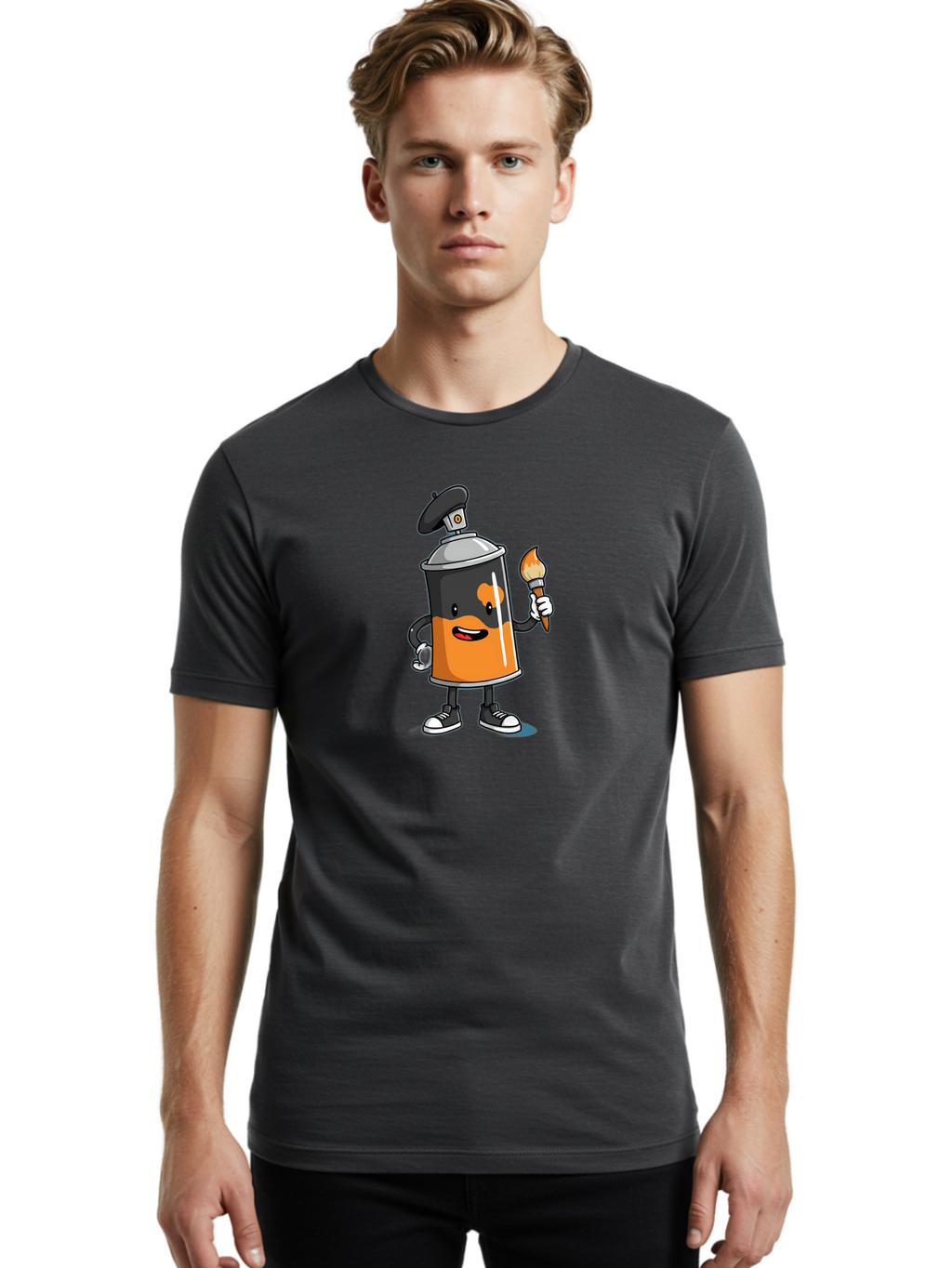 Spray-Can-2 Men'S Graphic Tee, 100% Cotton, Comfortable Casual Summer Wear, Machine Washable, Cartoon Spray Can, Street Art, Graffiti, Urban Culture, Creative Expression, Artistic Character, Vibrant Orange, Black And White Sneakers, Bad685
