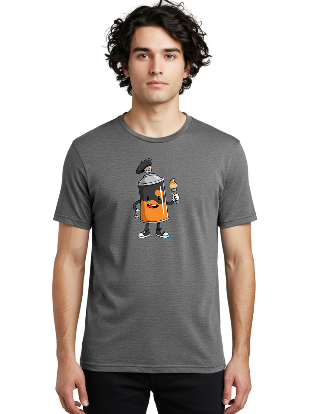 Spray-Can-2 Men'S Graphic Tee, 100% Cotton, Comfortable Casual Summer Wear, Machine Washable, Cartoon Spray Can, Street Art, Graffiti, Urban Culture, Creative Expression, Artistic Character, Vibrant Orange, Black And White Sneakers, Bad685