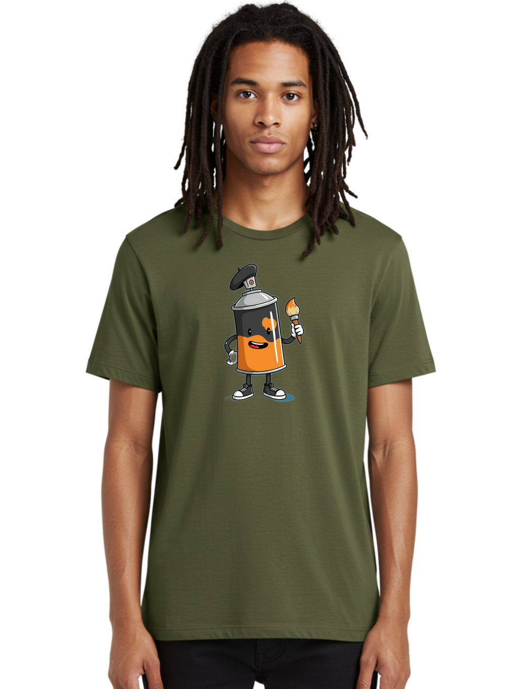 Spray-Can-2 Men'S Graphic Tee, 100% Cotton, Comfortable Casual Summer Wear, Machine Washable, Cartoon Spray Can, Street Art, Graffiti, Urban Culture, Creative Expression, Artistic Character, Vibrant Orange, Black And White Sneakers, Bad685