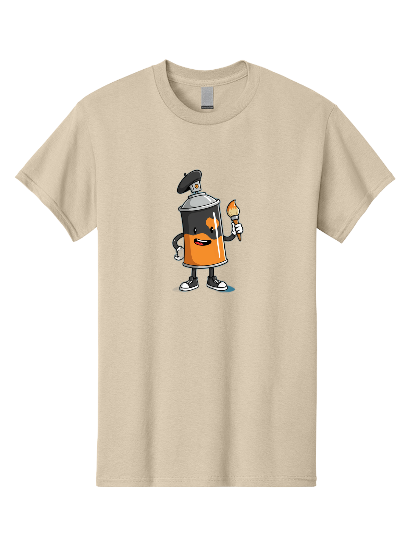 Spray-Can-2 Men'S Graphic Tee, 100% Cotton, Comfortable Casual Summer Wear, Machine Washable, Cartoon Spray Can, Street Art, Graffiti, Urban Culture, Creative Expression, Artistic Character, Vibrant Orange, Black And White Sneakers, Bad685