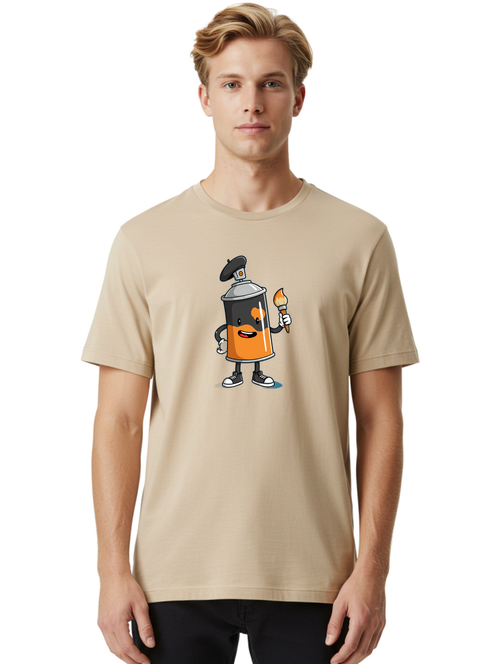 Spray-Can-2 Men'S Graphic Tee, 100% Cotton, Comfortable Casual Summer Wear, Machine Washable, Cartoon Spray Can, Street Art, Graffiti, Urban Culture, Creative Expression, Artistic Character, Vibrant Orange, Black And White Sneakers, Bad685
