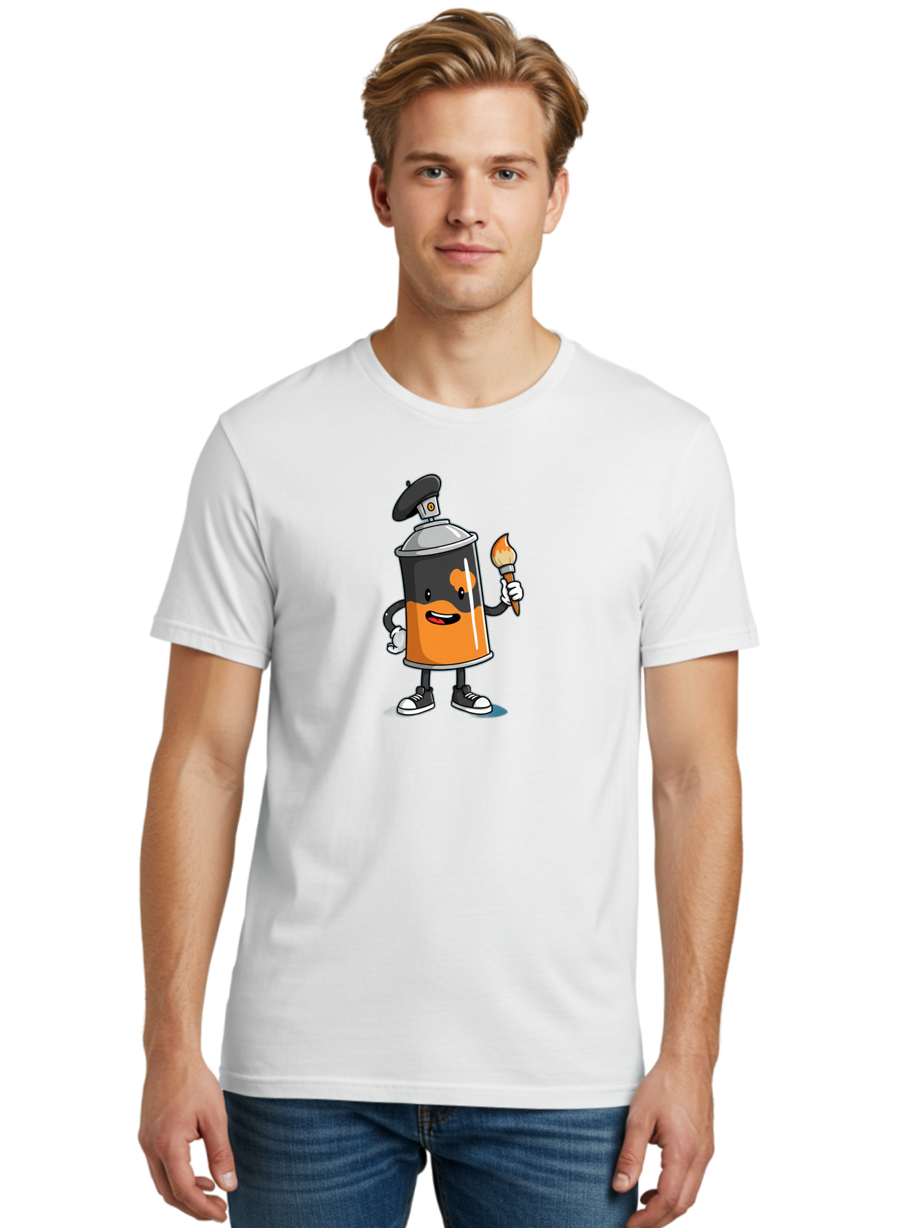 Spray-Can-2 Men'S Graphic Tee, 100% Cotton, Comfortable Casual Summer Wear, Machine Washable, Cartoon Spray Can, Street Art, Graffiti, Urban Culture, Creative Expression, Artistic Character, Vibrant Orange, Black And White Sneakers, Bad685
