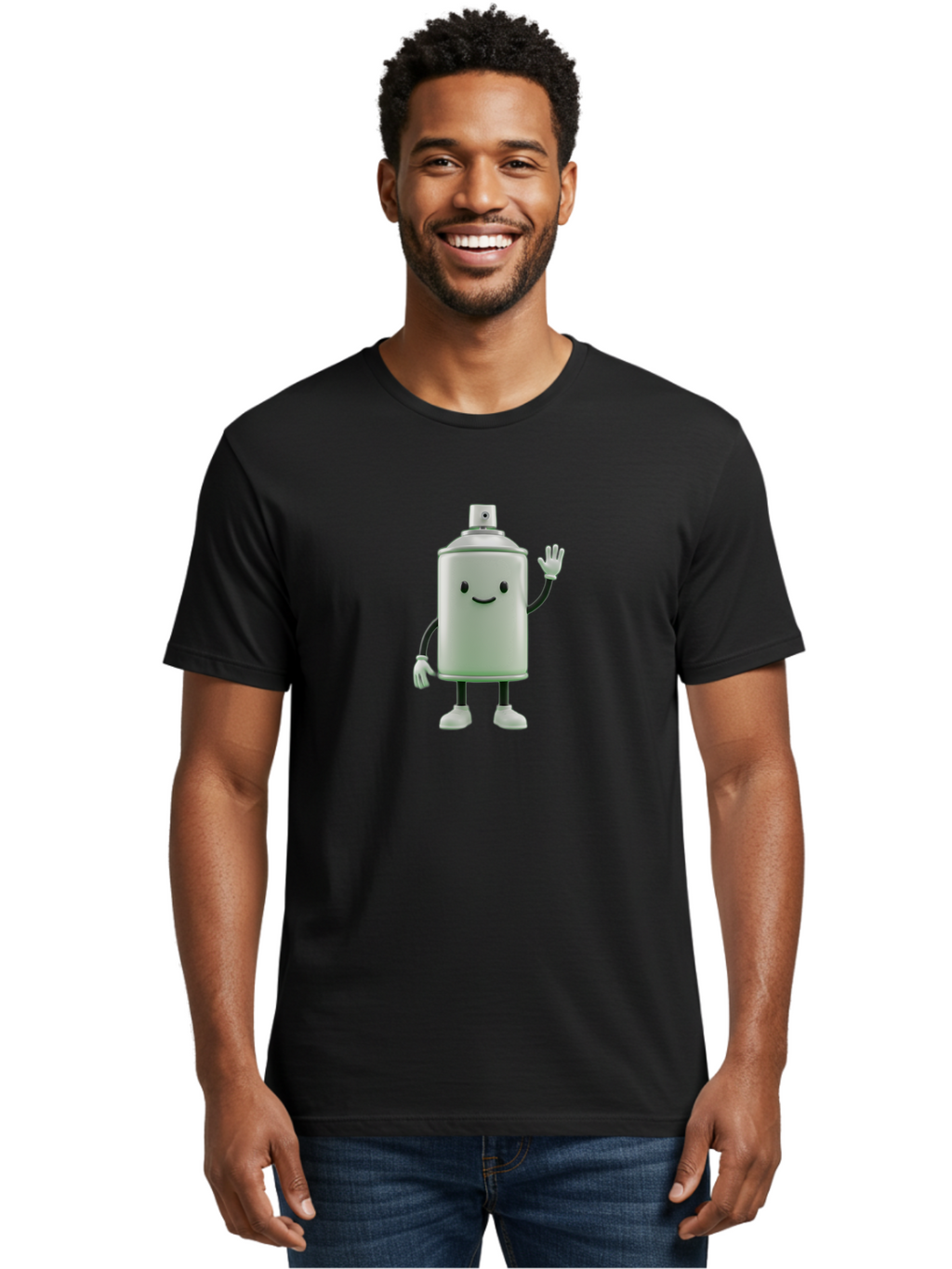 Spray-Can-Character-1 Men'S Graphic Tee, 100% Cotton, Comfortable Casual Summer Wear, Machine Washable, Cartoon Spray Can, Smiling Face, Waving Hand, White Gloves, Black Arms And Legs, Friendly Vibe, Animated Can, Humorous Character, Bad686