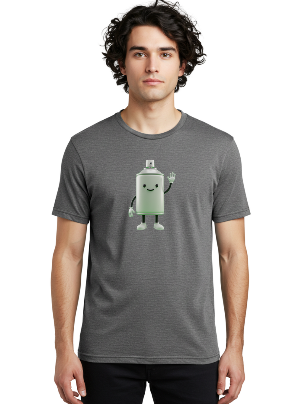 Spray-Can-Character-1 Men'S Graphic Tee, 100% Cotton, Comfortable Casual Summer Wear, Machine Washable, Cartoon Spray Can, Smiling Face, Waving Hand, White Gloves, Black Arms And Legs, Friendly Vibe, Animated Can, Humorous Character, Bad686