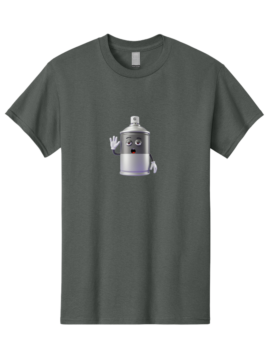 Spray-Can-Character-2 Men'S Graphic Tee, 100% Cotton, Comfortable Casual Summer Wear, Machine Washable, Funny Cartoon Character, Anthropomorphic Spray Can, Gray And White, Waving Hand, Cute Face, Black Eyes, Red Mouth, Bad687