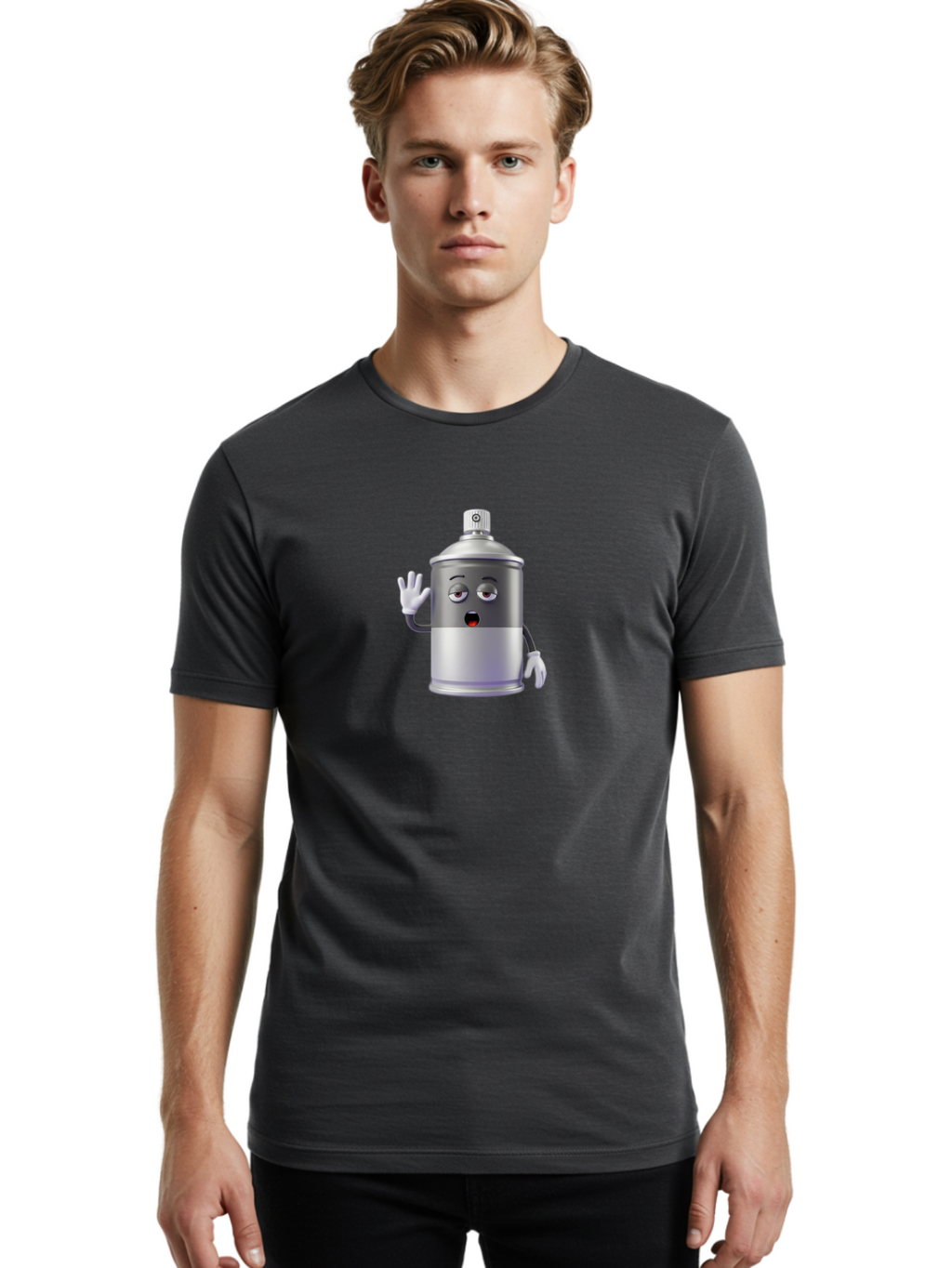 Spray-Can-Character-2 Men'S Graphic Tee, 100% Cotton, Comfortable Casual Summer Wear, Machine Washable, Funny Cartoon Character, Anthropomorphic Spray Can, Gray And White, Waving Hand, Cute Face, Black Eyes, Red Mouth, Bad687