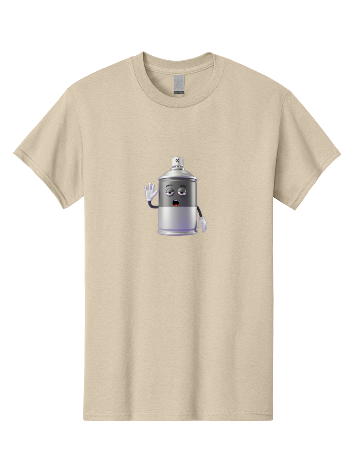 Spray-Can-Character-2 Men'S Graphic Tee, 100% Cotton, Comfortable Casual Summer Wear, Machine Washable, Funny Cartoon Character, Anthropomorphic Spray Can, Gray And White, Waving Hand, Cute Face, Black Eyes, Red Mouth, Bad687