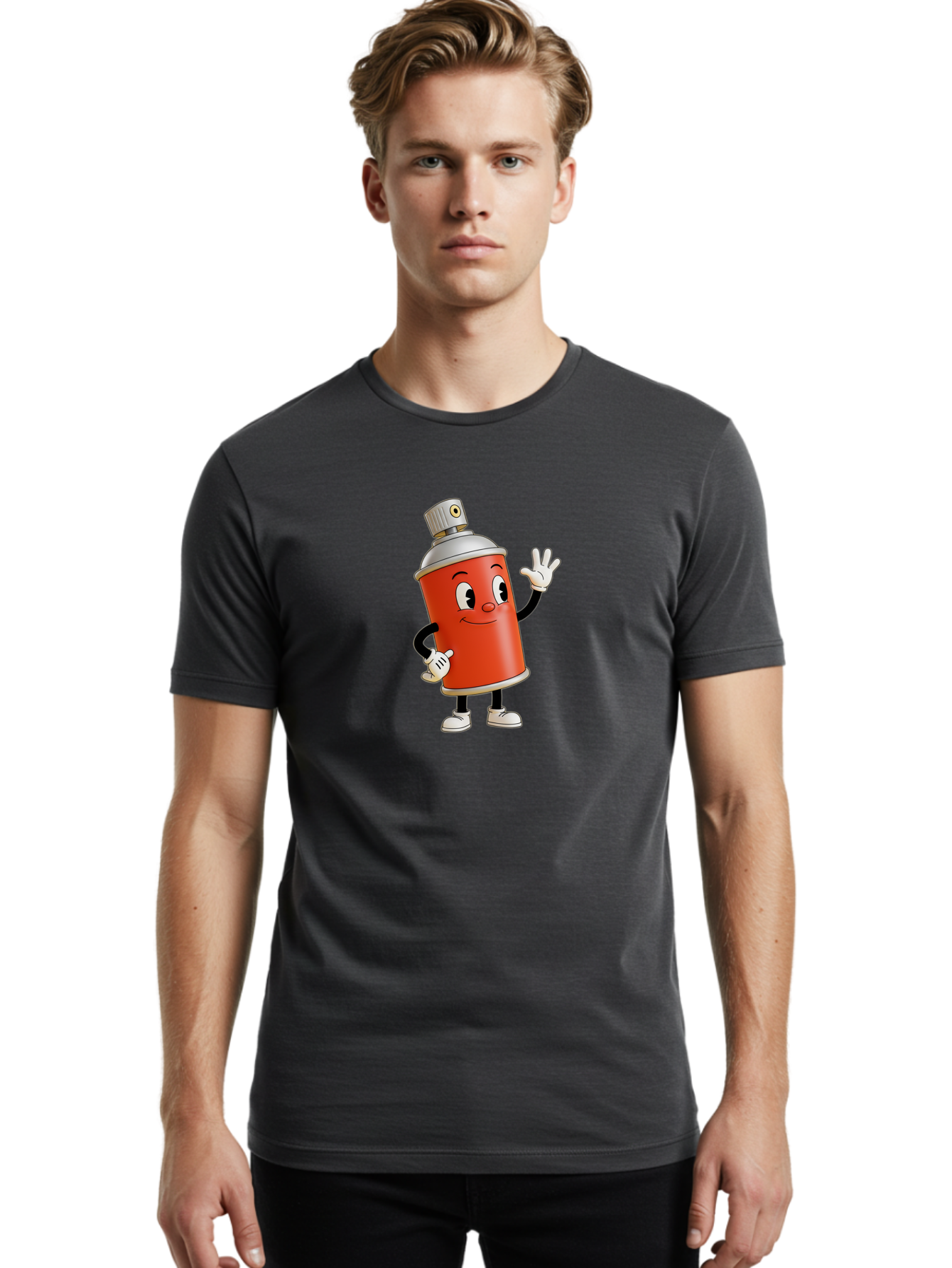 Spray-Can-Character Men'S Graphic Tee, 100% Cotton, Comfortable Casual Summer Wear, Machine Washable, Spray Can Mascot, Cartoon Character, Street Art, Graffiti Can, Friendly Vibe, Positive Gesture, Urban Art Supplies, Creative Expression Bad688