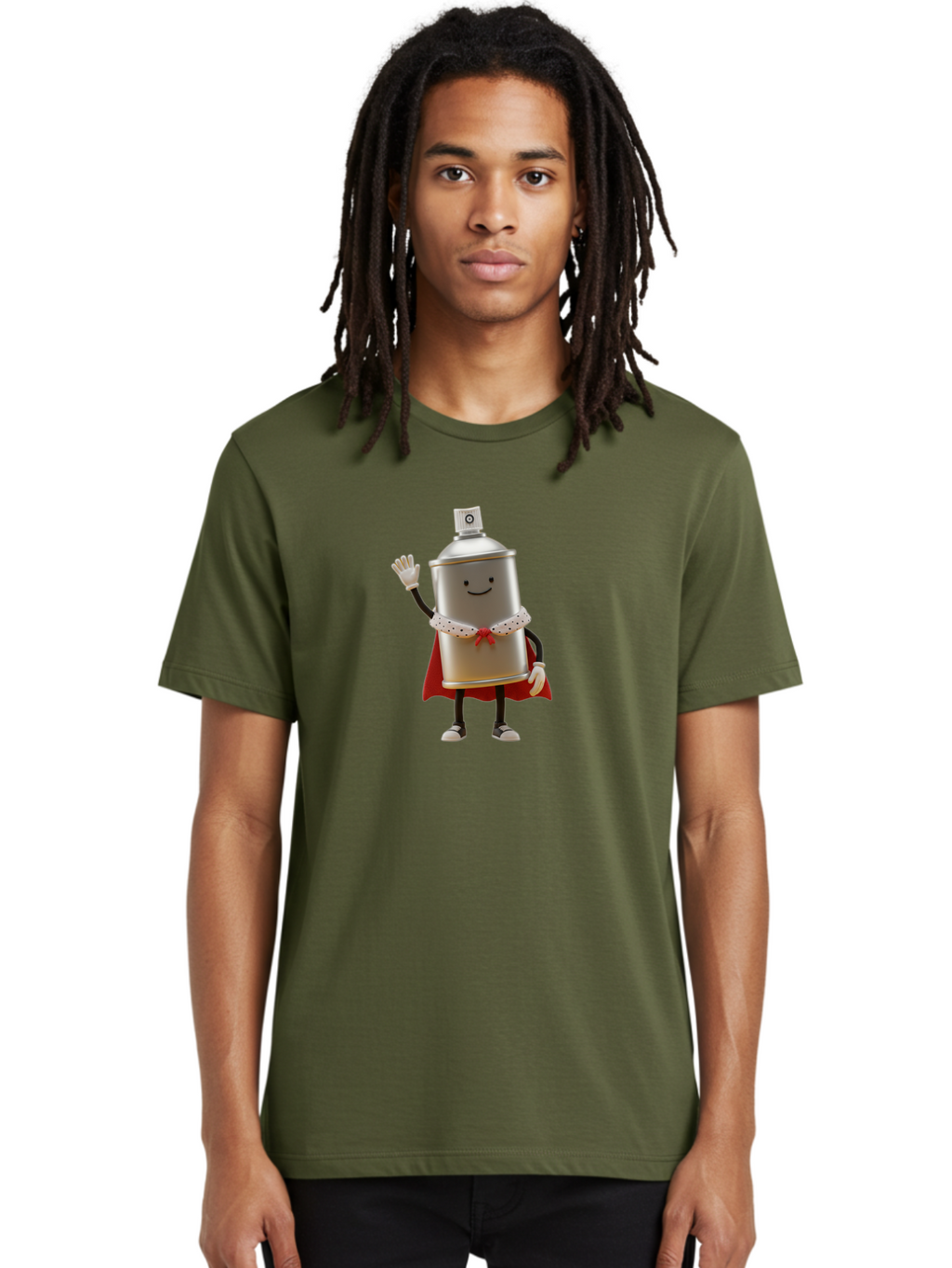 Spray-Can-Hero Men'S Graphic Tee, 100% Cotton, Comfortable Casual Summer Wear, Machine Washable, Spray Can Character, Street Art, Urban Creativity, Silver Can, Red Cape, Friendly Gesture, Cartoon Style, Streetwear Inspiration, Bad689