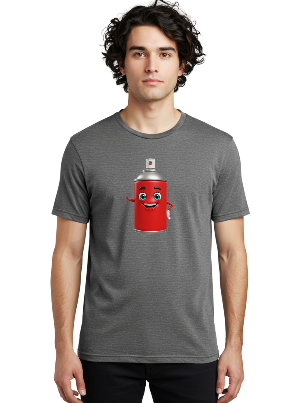 Spray-Can Men'S Graphic Tee, 100% Cotton, Comfortable Casual Summer Wear, Machine Washable, Cartoon Spray Paint Can, Red Color, Silver Cap, Smiling Face, Blue Eyes, Red And White Nozzle, Hand-Holding Gesture, Street Art, Graffiti, Bad691