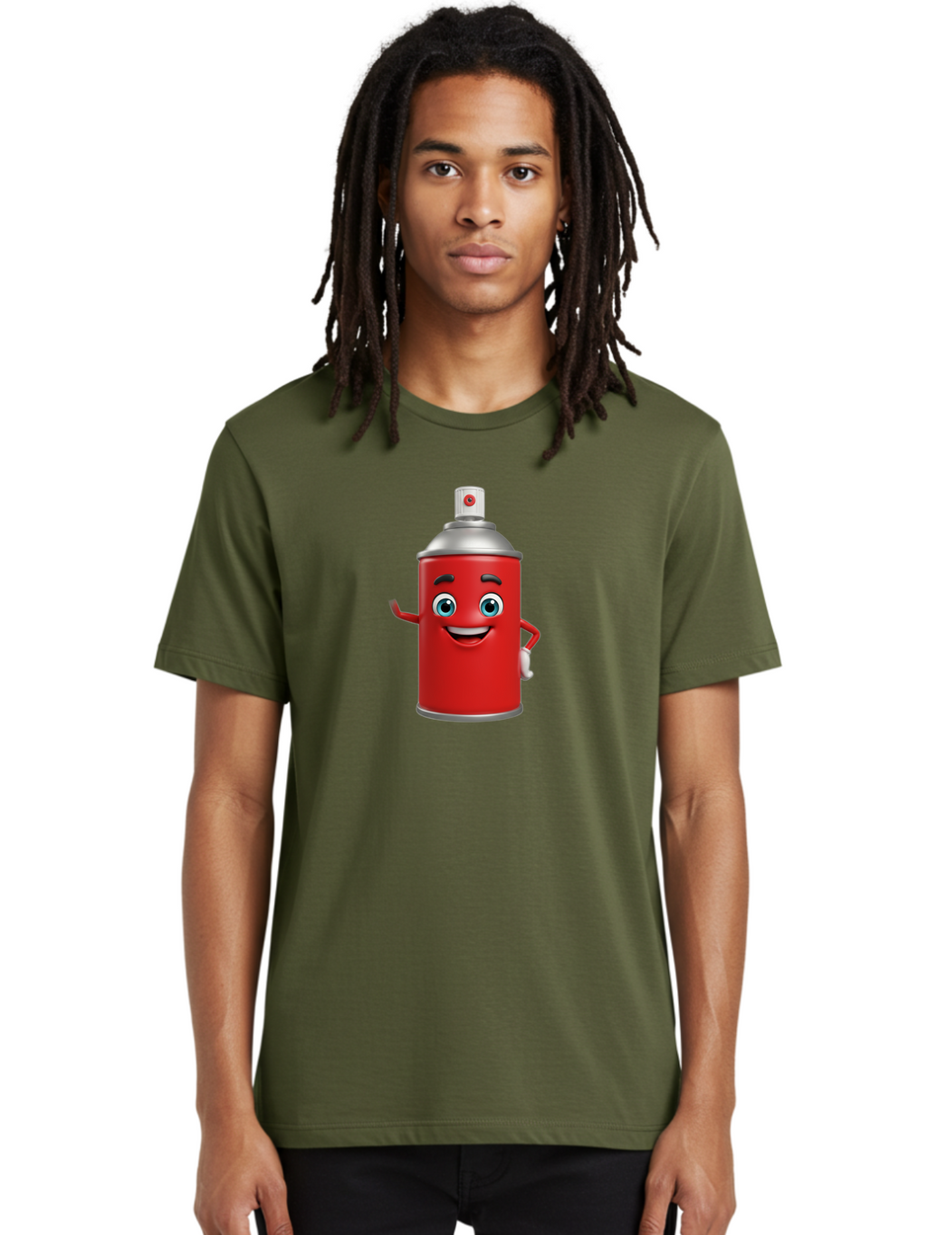 Spray-Can Men'S Graphic Tee, 100% Cotton, Comfortable Casual Summer Wear, Machine Washable, Cartoon Spray Paint Can, Red Color, Silver Cap, Smiling Face, Blue Eyes, Red And White Nozzle, Hand-Holding Gesture, Street Art, Graffiti, Bad691