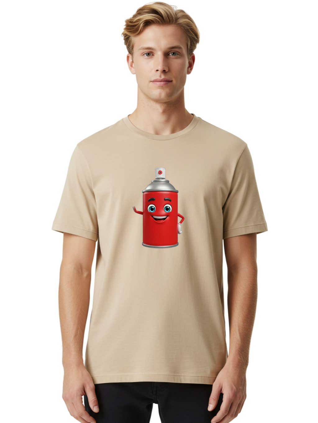 Spray-Can Men'S Graphic Tee, 100% Cotton, Comfortable Casual Summer Wear, Machine Washable, Cartoon Spray Paint Can, Red Color, Silver Cap, Smiling Face, Blue Eyes, Red And White Nozzle, Hand-Holding Gesture, Street Art, Graffiti, Bad691