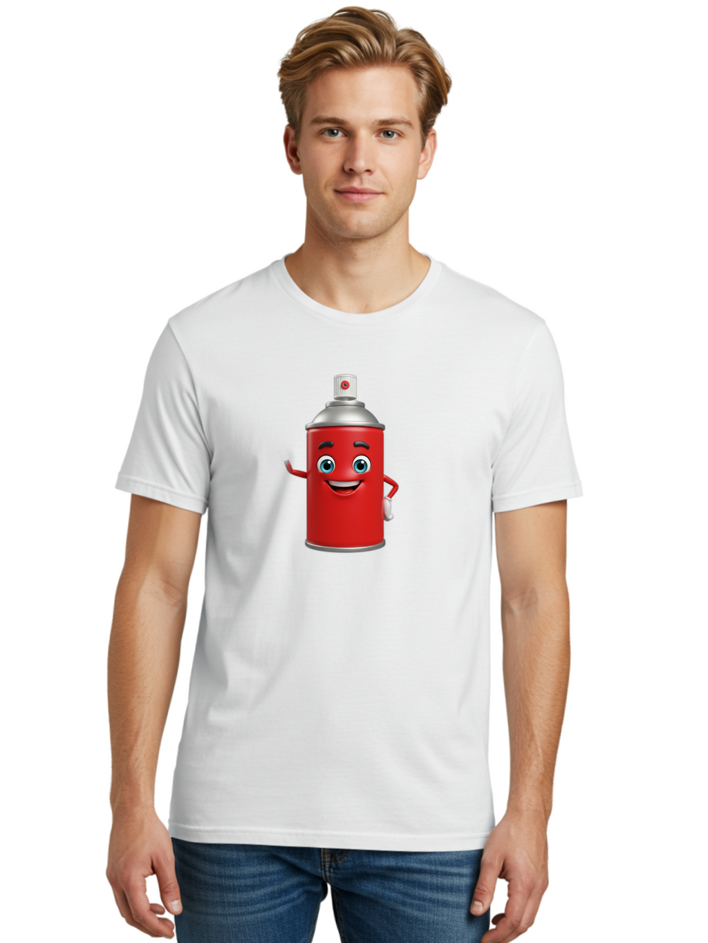 Spray-Can Men'S Graphic Tee, 100% Cotton, Comfortable Casual Summer Wear, Machine Washable, Cartoon Spray Paint Can, Red Color, Silver Cap, Smiling Face, Blue Eyes, Red And White Nozzle, Hand-Holding Gesture, Street Art, Graffiti, Bad691