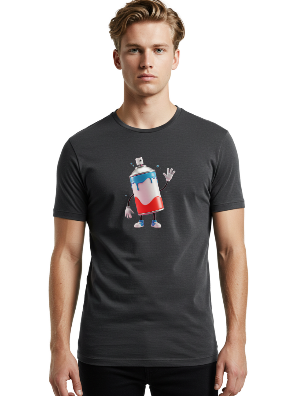 Spray-Paint-Can-Character-1 Men'S Graphic Tee, 100% Cotton, Comfortable Casual Summer Wear, Machine Washable, Cartoon Spray Can, Red White And Blue Paint, Graffiti Art, Street Art Supplies, Vibrant Colors, Animated Character, 3D Illustration, Bad692