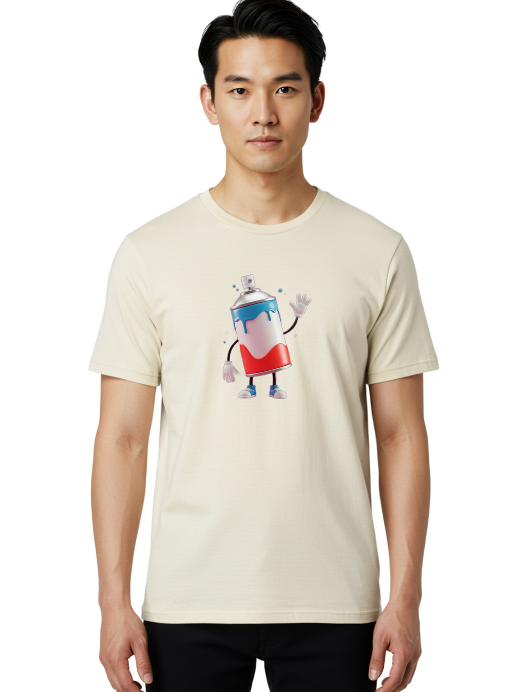 Spray-Paint-Can-Character-1 Men'S Graphic Tee, 100% Cotton, Comfortable Casual Summer Wear, Machine Washable, Cartoon Spray Can, Red White And Blue Paint, Graffiti Art, Street Art Supplies, Vibrant Colors, Animated Character, 3D Illustration, Bad692