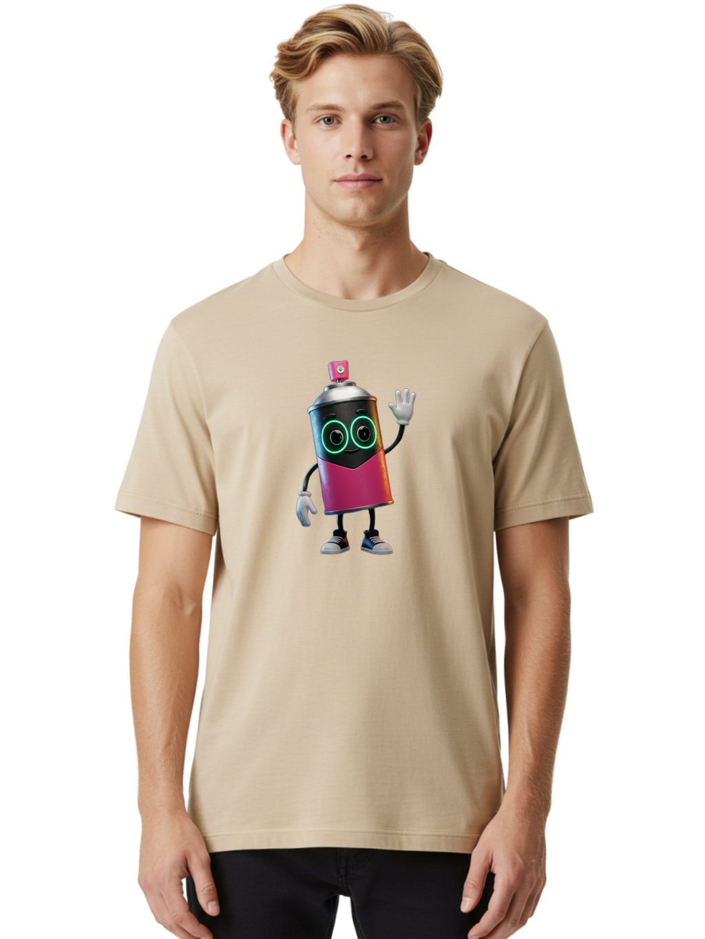 Spray-Paint-Can-Character Men'S Graphic Tee, 100% Cotton, Comfortable Casual Summer Wear, Machine Washable, Cartoon Spray Can, Street Art, Graffiti, Vibrant Colors, Friendly Character, Cute Design, Urban Art, Spray Paint Can, Bad694