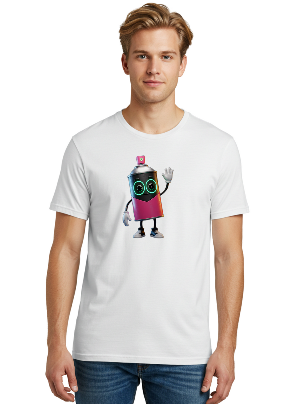Spray-Paint-Can-Character Men'S Graphic Tee, 100% Cotton, Comfortable Casual Summer Wear, Machine Washable, Cartoon Spray Can, Street Art, Graffiti, Vibrant Colors, Friendly Character, Cute Design, Urban Art, Spray Paint Can, Bad694