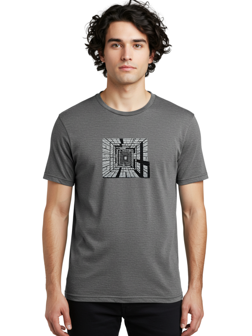Square-Tunnel Men'S Graphic Tee, 100% Cotton, Comfortable Casual Summer Wear, Machine Washable, 3D Illustration, Rectangular Tunnel, Brick Walls, Vanishing Point, Optical Illusion, Abstract Art, Geometric Shapes, Black And White, Stencil Art, Bad696