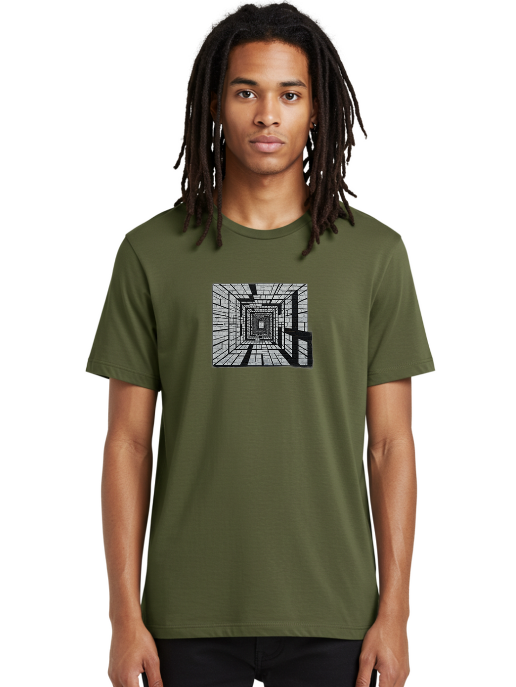 Square-Tunnel Men'S Graphic Tee, 100% Cotton, Comfortable Casual Summer Wear, Machine Washable, 3D Illustration, Rectangular Tunnel, Brick Walls, Vanishing Point, Optical Illusion, Abstract Art, Geometric Shapes, Black And White, Stencil Art, Bad696