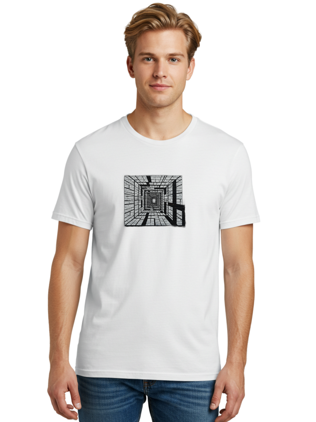 Square-Tunnel Men'S Graphic Tee, 100% Cotton, Comfortable Casual Summer Wear, Machine Washable, 3D Illustration, Rectangular Tunnel, Brick Walls, Vanishing Point, Optical Illusion, Abstract Art, Geometric Shapes, Black And White, Stencil Art, Bad696