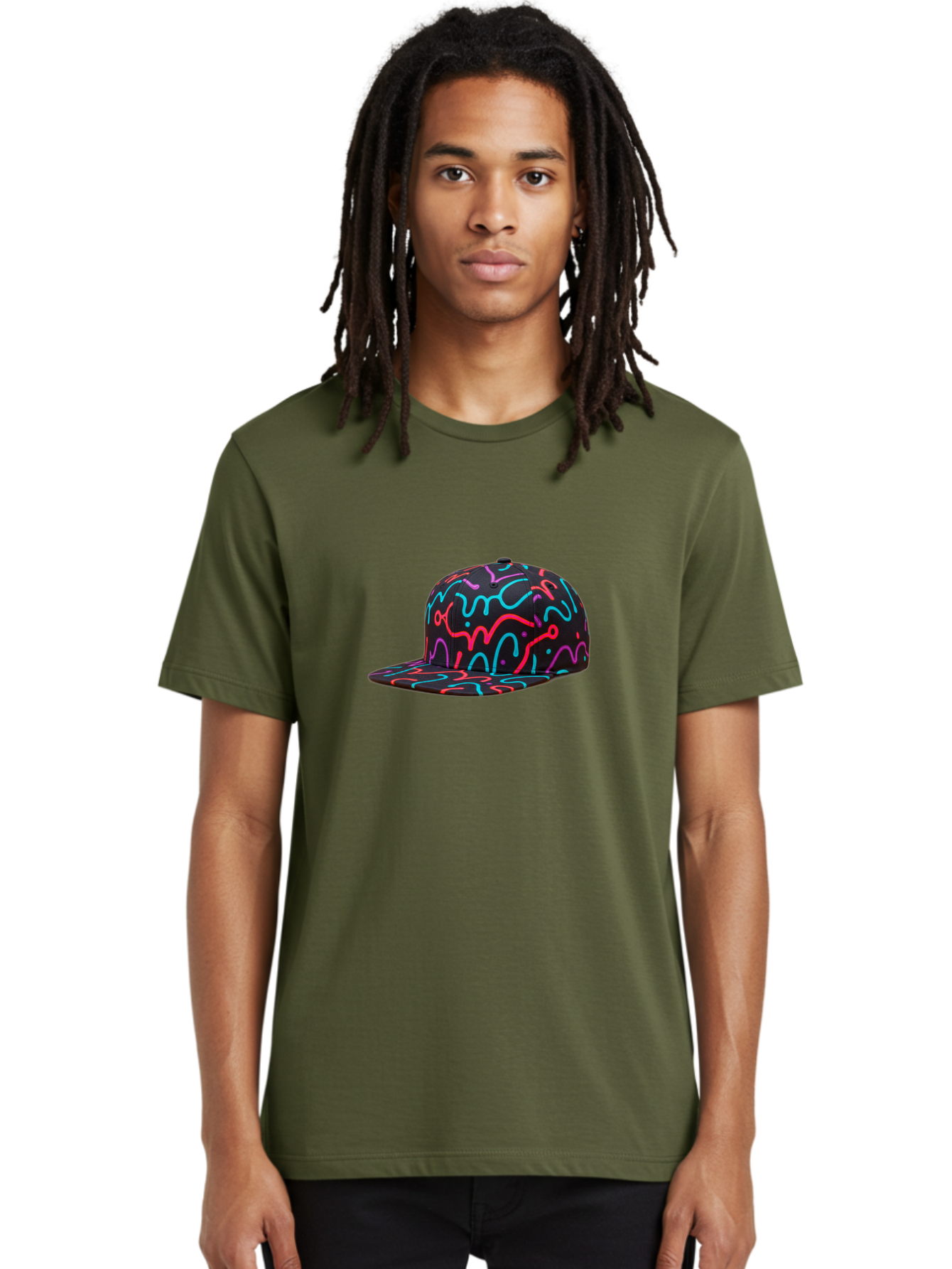 Squiggly-Baseball-Cap Men'S Graphic Tee, 100% Cotton, Comfortable Casual Summer Wear, Machine Washable, Snapback Hat, Neon Squiggles, Black Hat, Vibrant Colors, Streetwear Fashion, Trendy Accessories, Casual Style, Hat Fashion Bad697