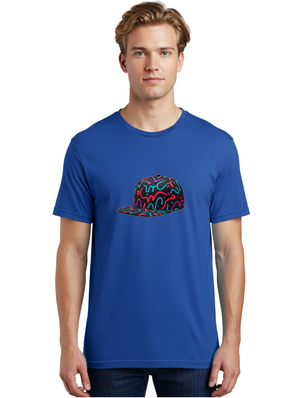 Squiggly-Baseball-Cap Men'S Graphic Tee, 100% Cotton, Comfortable Casual Summer Wear, Machine Washable, Snapback Hat, Neon Squiggles, Black Hat, Vibrant Colors, Streetwear Fashion, Trendy Accessories, Casual Style, Hat Fashion Bad697