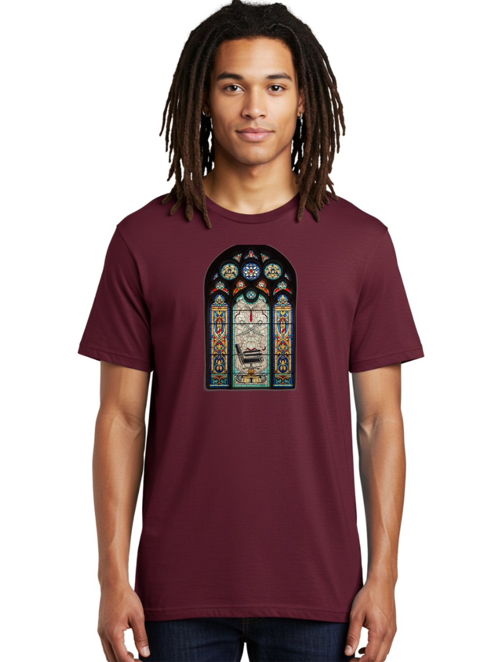 Stained-Glass-Window-With-Organ Men'S Graphic Tee, 100% Cotton, Comfortable Casual Summer Wear, Machine Washable, Stained Glass Art, Gothic Style, Religious Symbolism, Sacred Imagery, Colorful Patterns, Intricate Design, Ornate Details, Bad700
