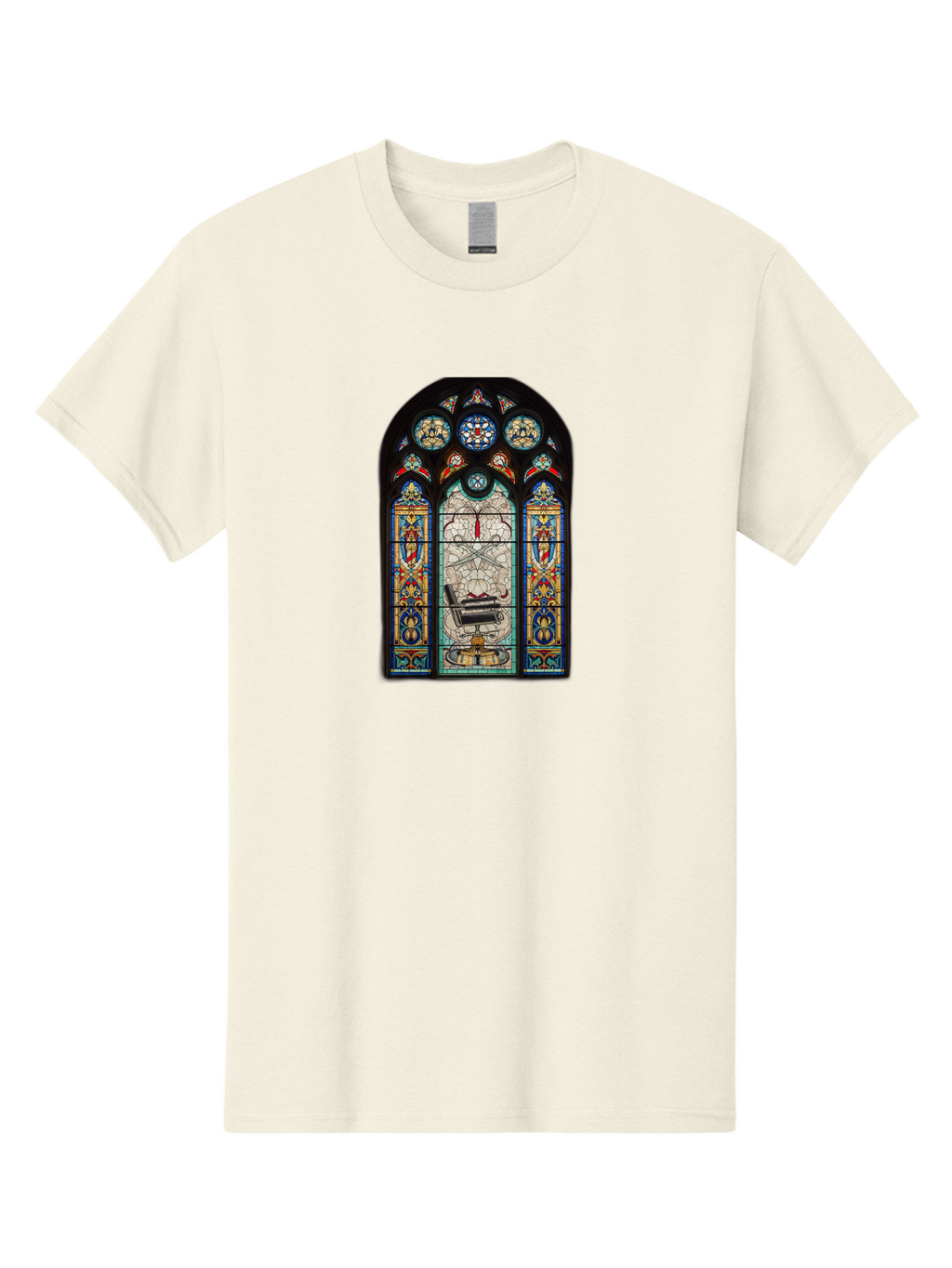 Stained-Glass-Window-With-Organ Men'S Graphic Tee, 100% Cotton, Comfortable Casual Summer Wear, Machine Washable, Stained Glass Art, Gothic Style, Religious Symbolism, Sacred Imagery, Colorful Patterns, Intricate Design, Ornate Details, Bad700