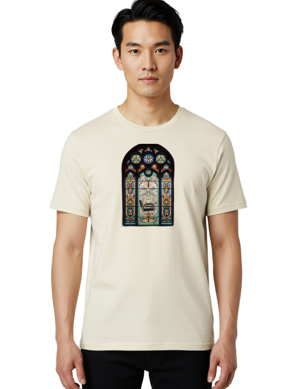 Stained-Glass-Window-With-Organ Men'S Graphic Tee, 100% Cotton, Comfortable Casual Summer Wear, Machine Washable, Stained Glass Art, Gothic Style, Religious Symbolism, Sacred Imagery, Colorful Patterns, Intricate Design, Ornate Details, Bad700