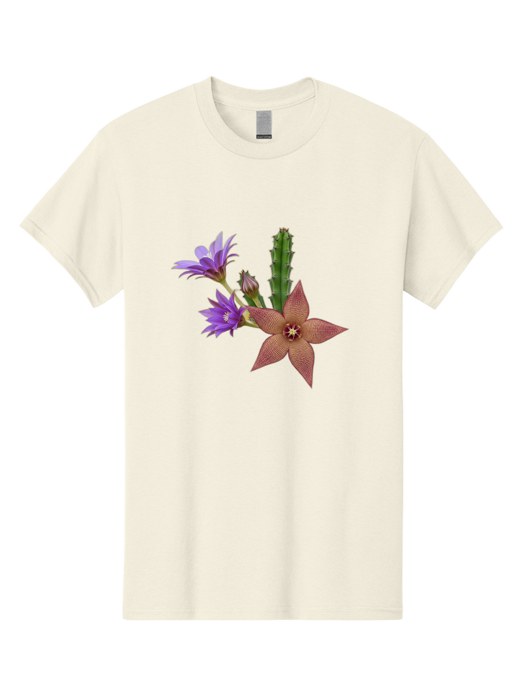 Stapelia-Grandiflora Men'S Graphic Tee, 100% Cotton, Comfortable Casual Summer Wear, Machine Washable, Starfish Cactus, Carrion Flowers, Succulent Plant, Exotic Blooms, Desert Flora, Unusual Flowers, Purple And Brown Petals, Unique Texture, Bad701