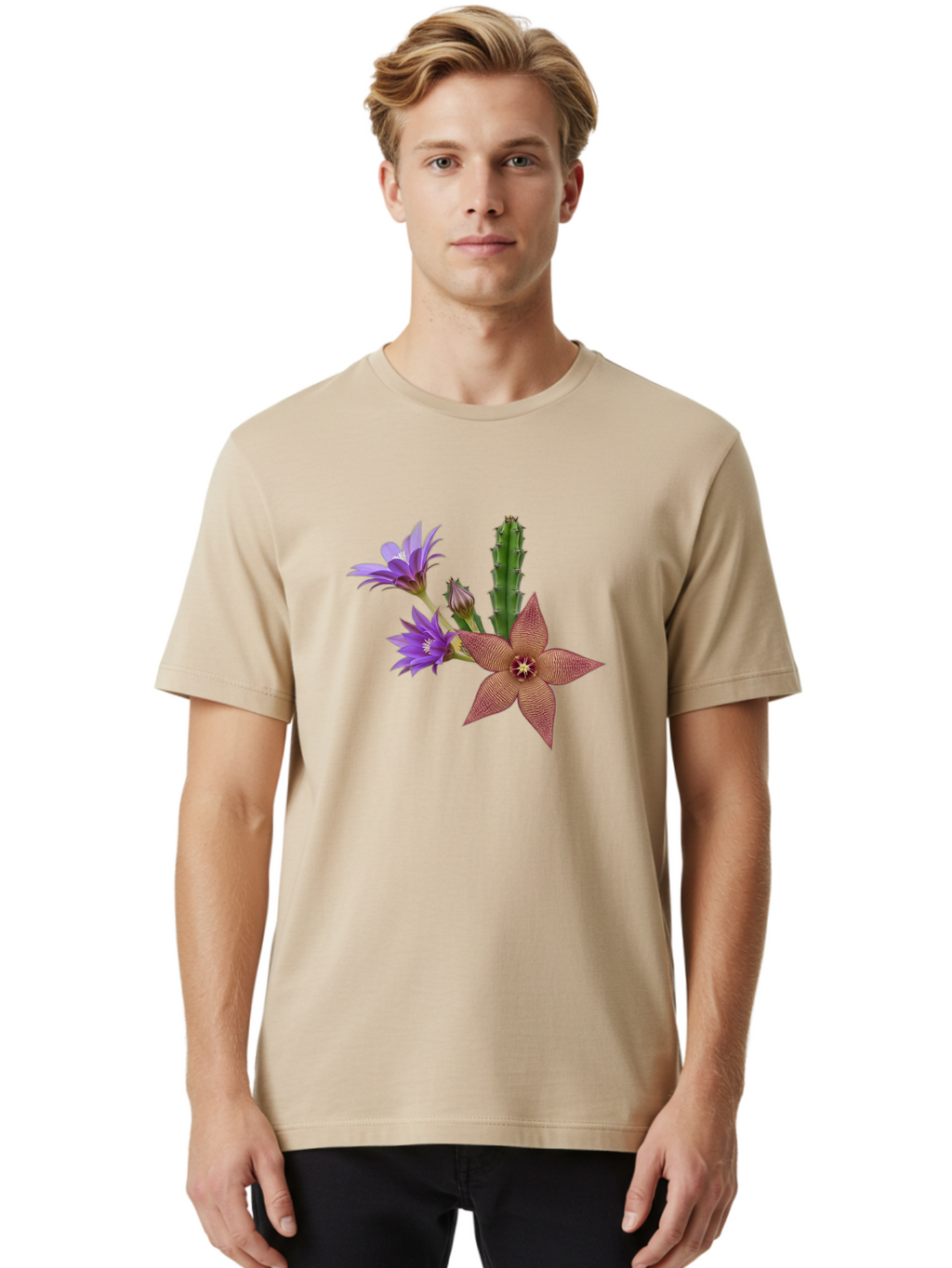 Stapelia-Grandiflora Men'S Graphic Tee, 100% Cotton, Comfortable Casual Summer Wear, Machine Washable, Starfish Cactus, Carrion Flowers, Succulent Plant, Exotic Blooms, Desert Flora, Unusual Flowers, Purple And Brown Petals, Unique Texture, Bad701