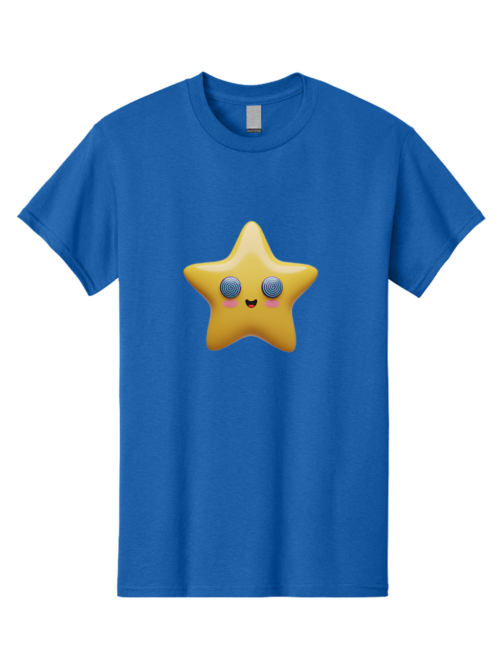 Star-Character Men'S Graphic Tee, 100% Cotton, Comfortable Casual Summer Wear, Machine Washable, Cartoon Star, Cute Face, Spiral Eyes, Smiling Mouth, Rosy Cheeks, Yellow Star, Kawaii Character, Fun Design, Playful Graphics, Bad702