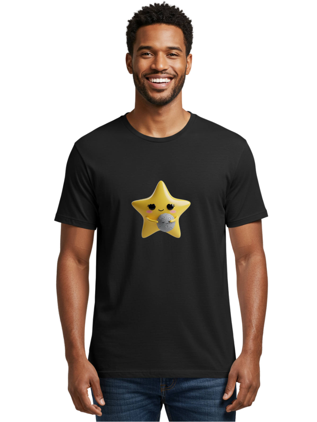 Star-Hugging-Moon Men'S Graphic Tee, 100% Cotton, Comfortable Casual Summer Wear, Machine Washable, Star Character, Cute Illustration, Cartoon Style, Moon Hug, Whimsical Design, Kawaii Art, Childrens Graphics, Adorable Personality, Bad704