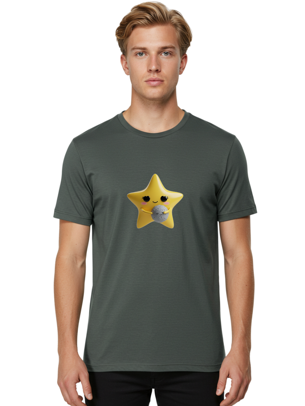 Star-Hugging-Moon Men'S Graphic Tee, 100% Cotton, Comfortable Casual Summer Wear, Machine Washable, Star Character, Cute Illustration, Cartoon Style, Moon Hug, Whimsical Design, Kawaii Art, Childrens Graphics, Adorable Personality, Bad704