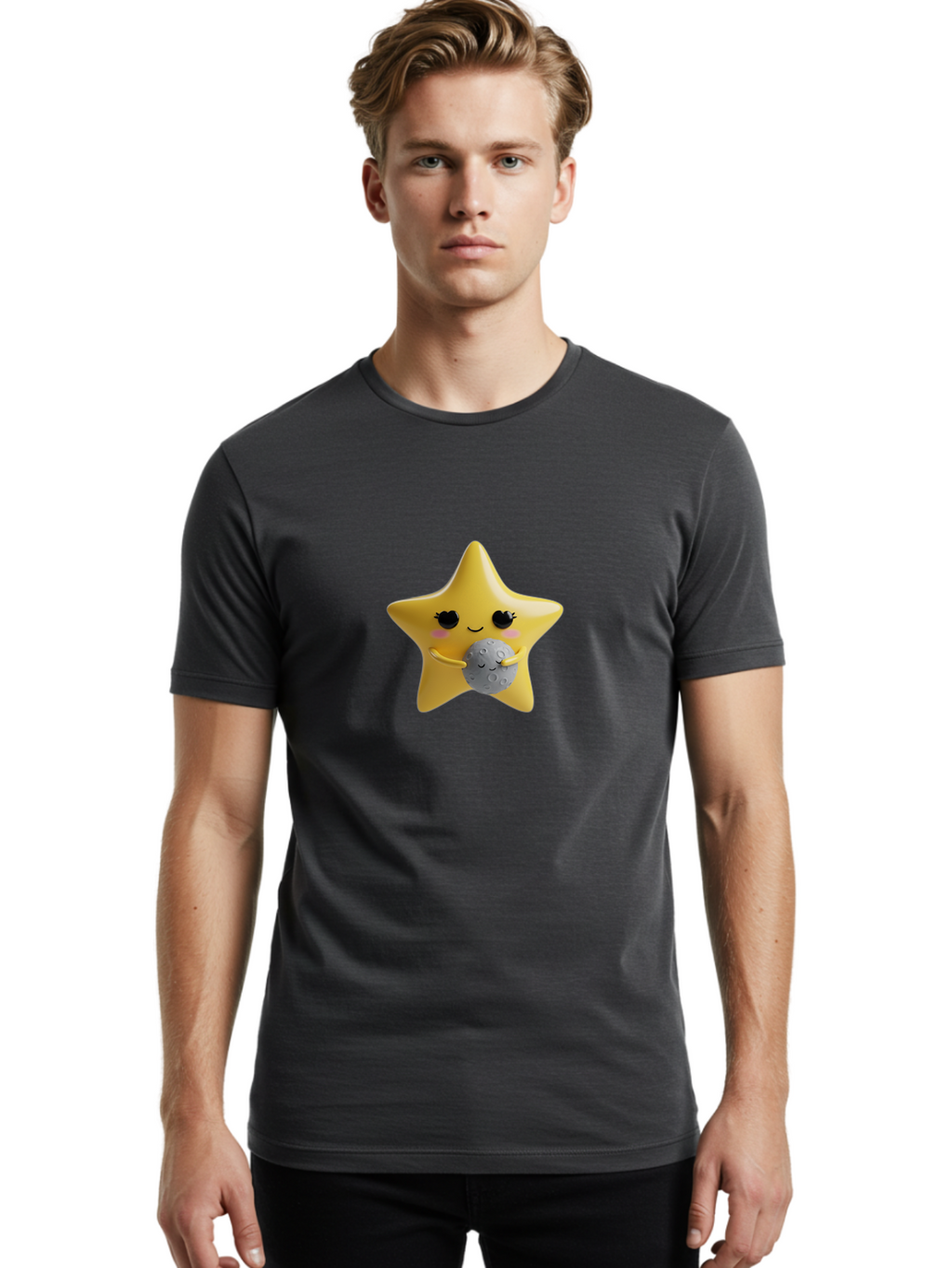 Star-Hugging-Moon Men'S Graphic Tee, 100% Cotton, Comfortable Casual Summer Wear, Machine Washable, Star Character, Cute Illustration, Cartoon Style, Moon Hug, Whimsical Design, Kawaii Art, Childrens Graphics, Adorable Personality, Bad704