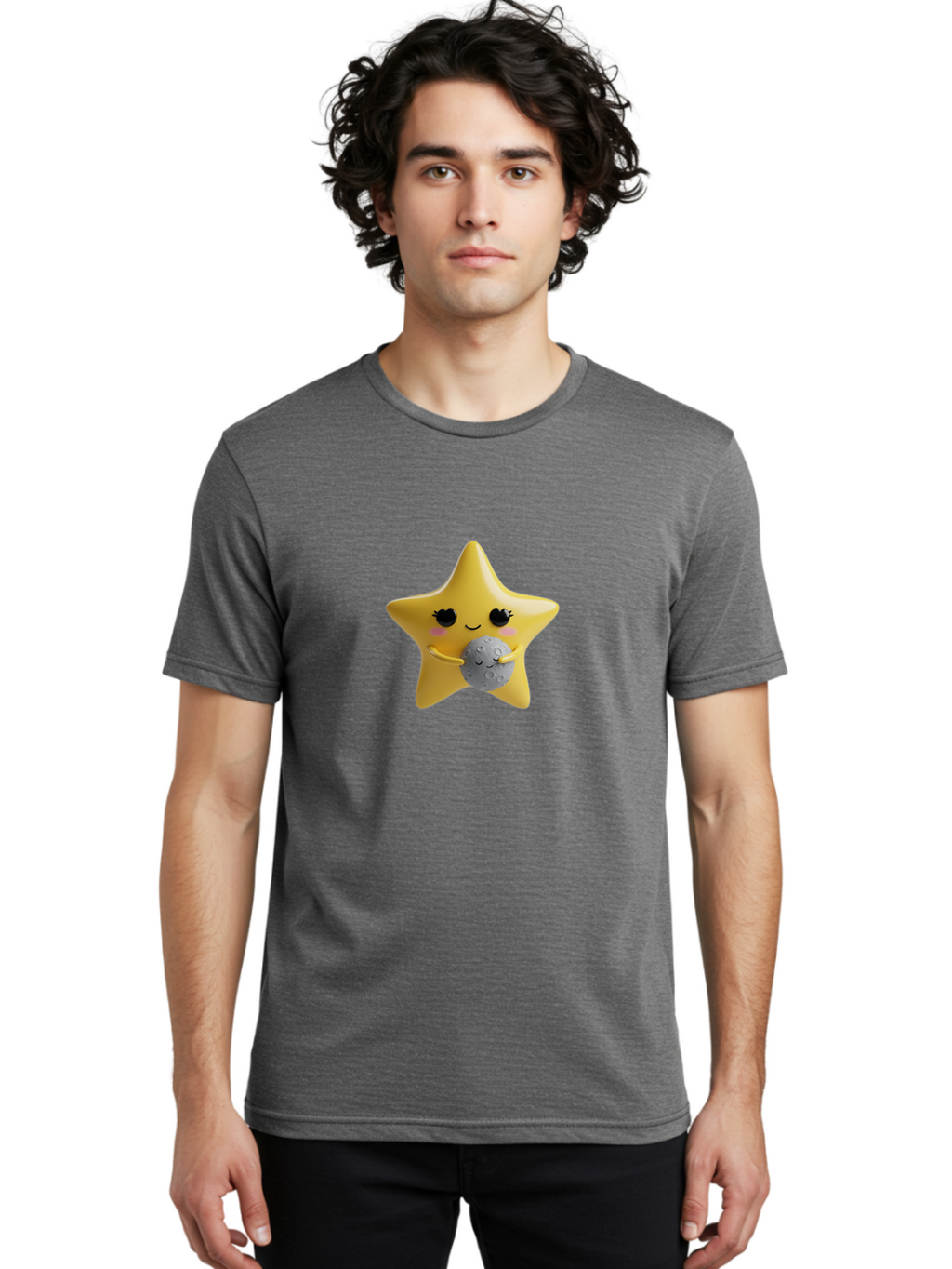 Star-Hugging-Moon Men'S Graphic Tee, 100% Cotton, Comfortable Casual Summer Wear, Machine Washable, Star Character, Cute Illustration, Cartoon Style, Moon Hug, Whimsical Design, Kawaii Art, Childrens Graphics, Adorable Personality, Bad704