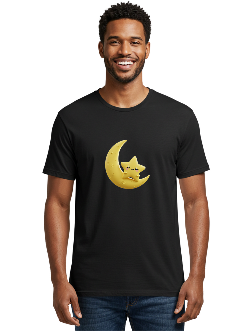 Star-Sleeping-On-Crescent-Moon Men'S Graphic Tee, 100% Cotton, Comfortable Casual Summer Wear, Machine Washable, Cute Star, Sleeping Star, Crescent Moon, Cartoon Character, Kawaii, Adorable, Whimsical Design, Dreamy, Nursery Decor, Yellow Hue, Bad706