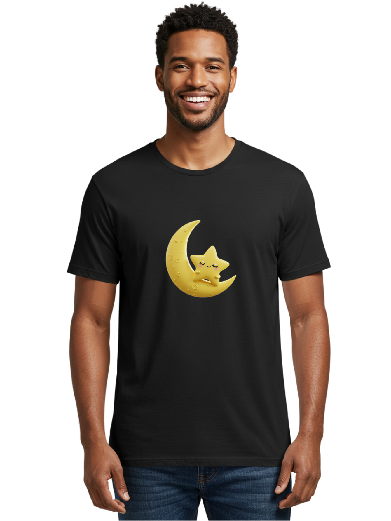 Star-Sleeping-On-Crescent-Moon Men'S Graphic Tee, 100% Cotton, Comfortable Casual Summer Wear, Machine Washable, Cute Star, Sleeping Star, Crescent Moon, Cartoon Character, Kawaii, Adorable, Whimsical Design, Dreamy, Nursery Decor, Yellow Hue, Bad706