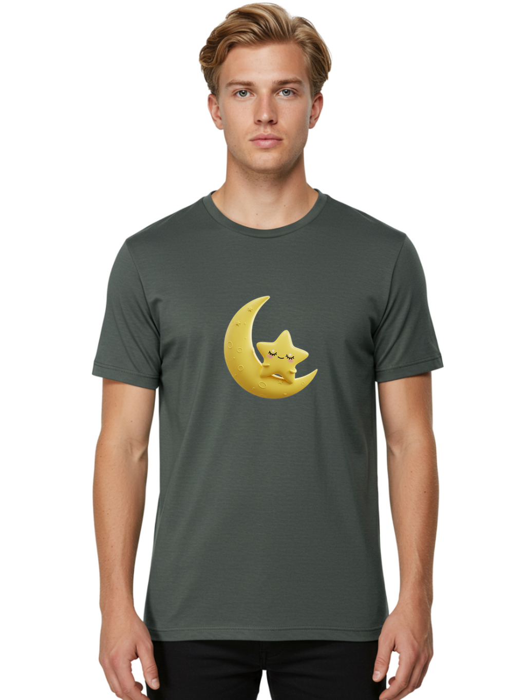 Star-Sleeping-On-Crescent-Moon Men'S Graphic Tee, 100% Cotton, Comfortable Casual Summer Wear, Machine Washable, Cute Star, Sleeping Star, Crescent Moon, Cartoon Character, Kawaii, Adorable, Whimsical Design, Dreamy, Nursery Decor, Yellow Hue, Bad706
