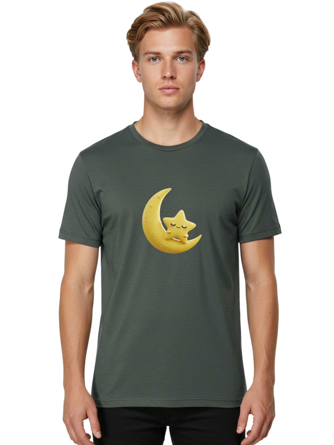 Star-Sleeping-On-Crescent-Moon Men'S Graphic Tee, 100% Cotton, Comfortable Casual Summer Wear, Machine Washable, Cute Star, Sleeping Star, Crescent Moon, Cartoon Character, Kawaii, Adorable, Whimsical Design, Dreamy, Nursery Decor, Yellow Hue, Bad706