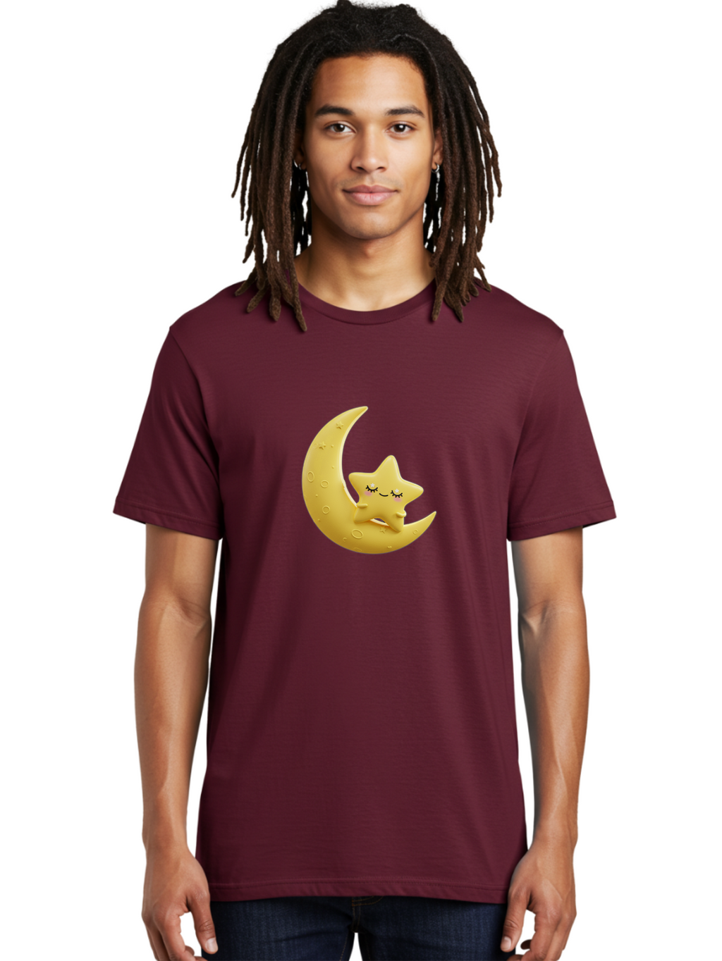 Star-Sleeping-On-Crescent-Moon Men'S Graphic Tee, 100% Cotton, Comfortable Casual Summer Wear, Machine Washable, Cute Star, Sleeping Star, Crescent Moon, Cartoon Character, Kawaii, Adorable, Whimsical Design, Dreamy, Nursery Decor, Yellow Hue, Bad706