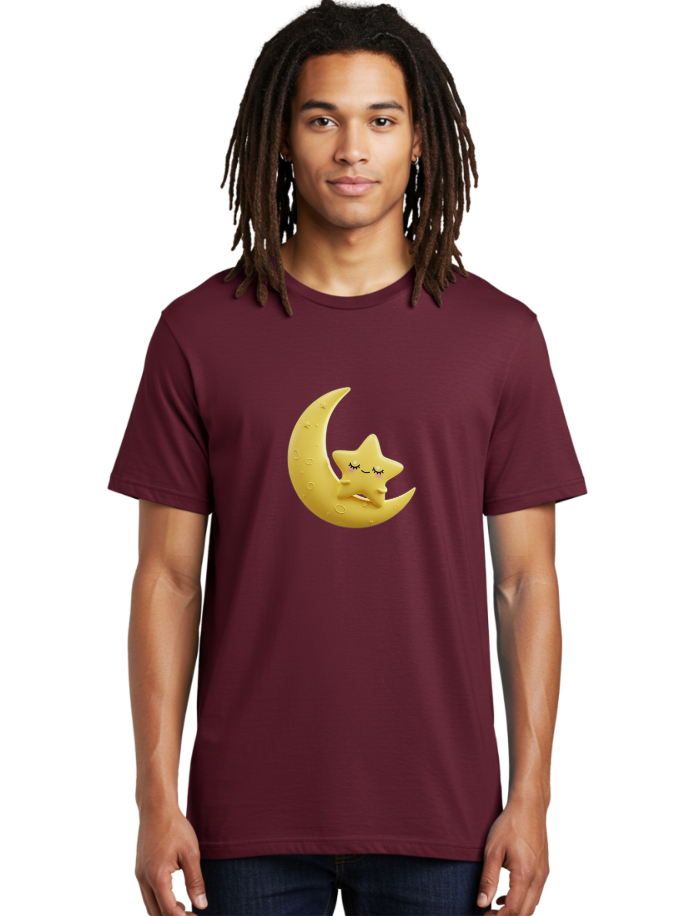 Star-Sleeping-On-Crescent-Moon Men'S Graphic Tee, 100% Cotton, Comfortable Casual Summer Wear, Machine Washable, Cute Star, Sleeping Star, Crescent Moon, Cartoon Character, Kawaii, Adorable, Whimsical Design, Dreamy, Nursery Decor, Yellow Hue, Bad706