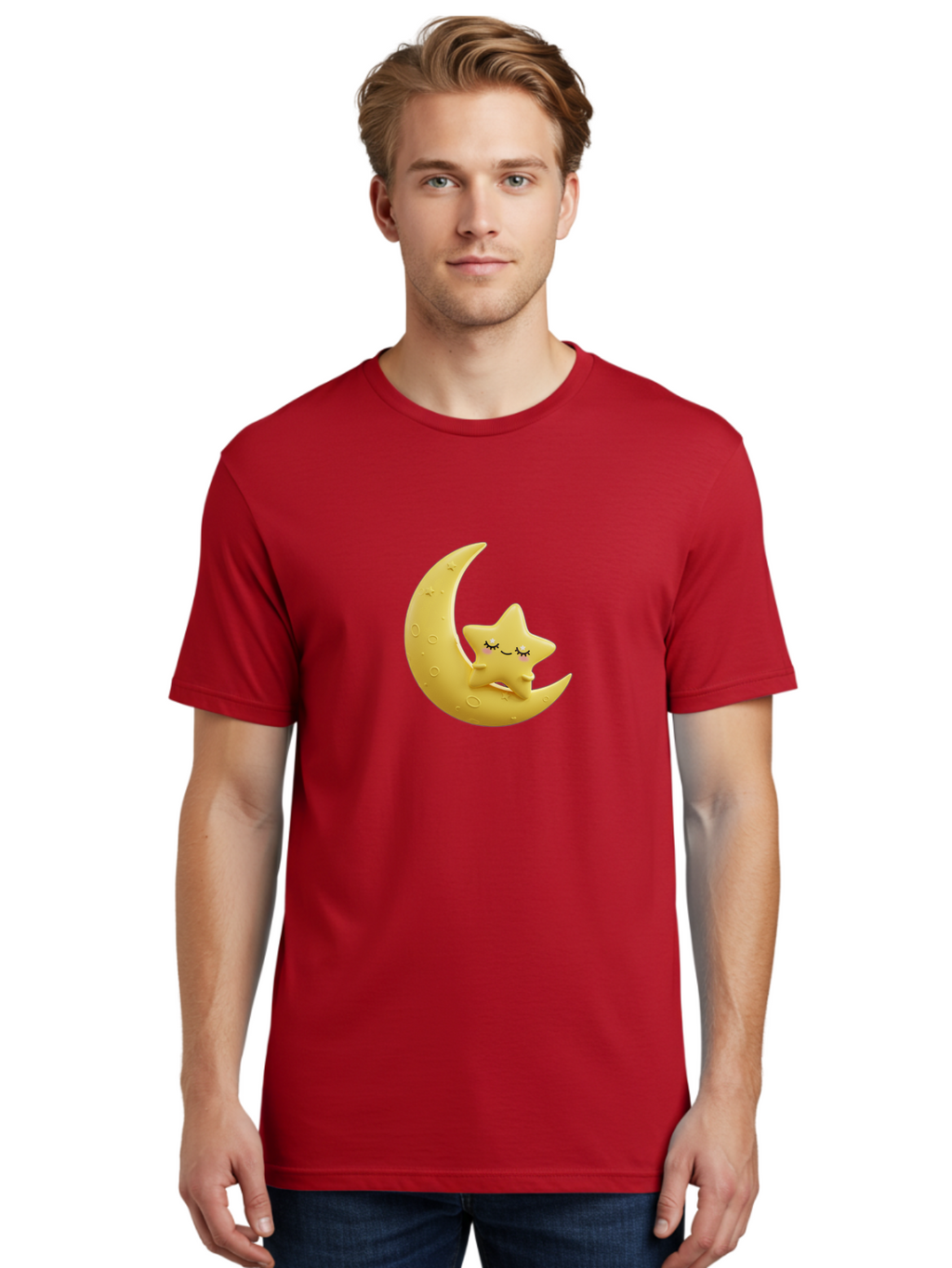 Star-Sleeping-On-Crescent-Moon Men'S Graphic Tee, 100% Cotton, Comfortable Casual Summer Wear, Machine Washable, Cute Star, Sleeping Star, Crescent Moon, Cartoon Character, Kawaii, Adorable, Whimsical Design, Dreamy, Nursery Decor, Yellow Hue, Bad706