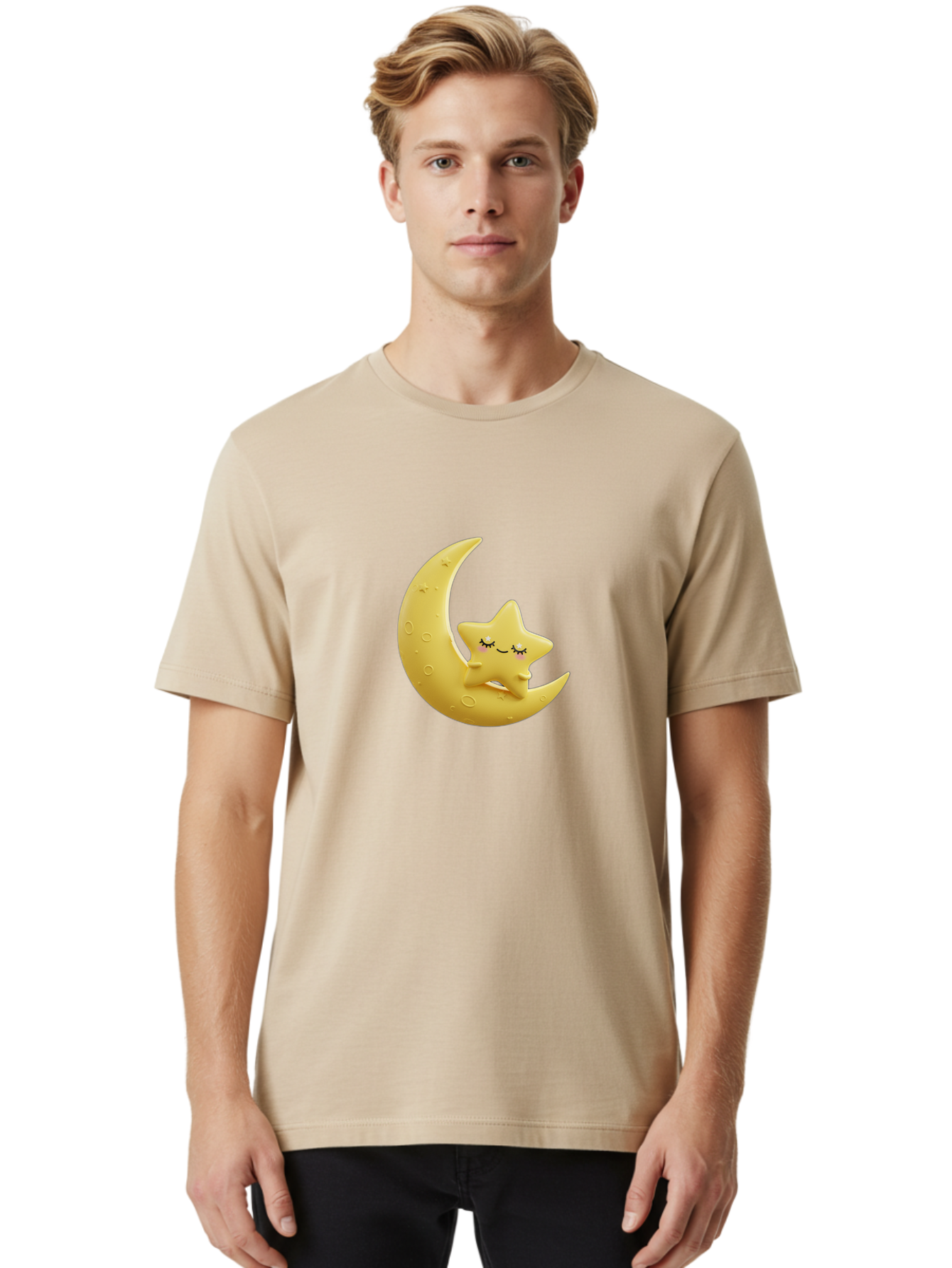 Star-Sleeping-On-Crescent-Moon Men'S Graphic Tee, 100% Cotton, Comfortable Casual Summer Wear, Machine Washable, Cute Star, Sleeping Star, Crescent Moon, Cartoon Character, Kawaii, Adorable, Whimsical Design, Dreamy, Nursery Decor, Yellow Hue, Bad706