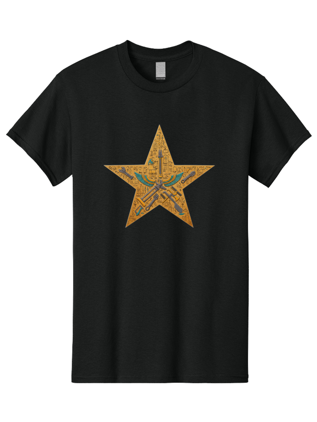 Star-With-Ancient-Egyptian-Symbols Men'S Graphic Tee, 100% Cotton, Comfortable Casual Summer Wear, Machine Washable, Ancient Egyptian Symbols, Was Sceptre, Winged Staff, Mystical Power, Historical Significance, Esoteric Knowledge, Bad707