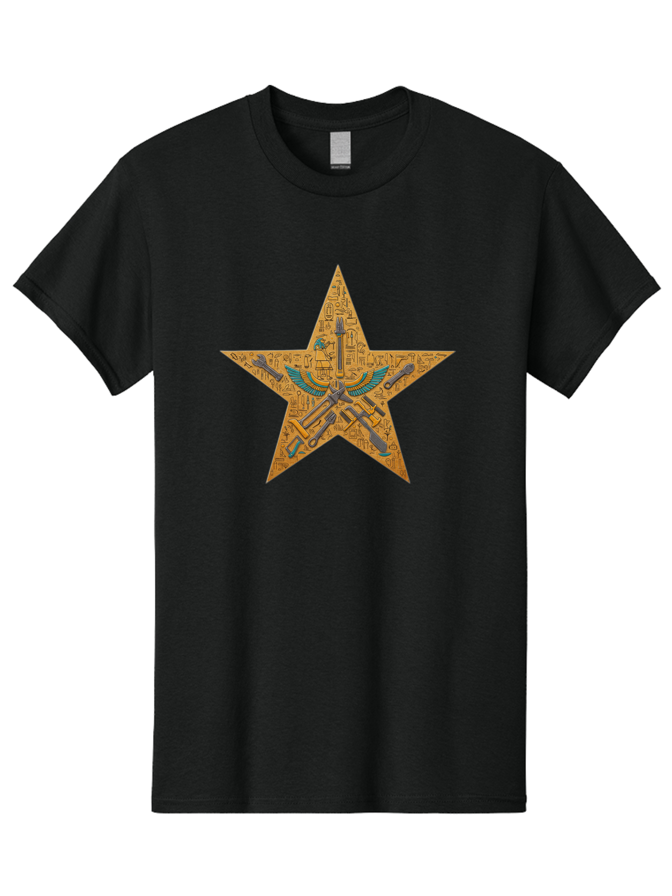Star-With-Ancient-Egyptian-Symbols Men'S Graphic Tee, 100% Cotton, Comfortable Casual Summer Wear, Machine Washable, Ancient Egyptian Symbols, Was Sceptre, Winged Staff, Mystical Power, Historical Significance, Esoteric Knowledge, Bad707