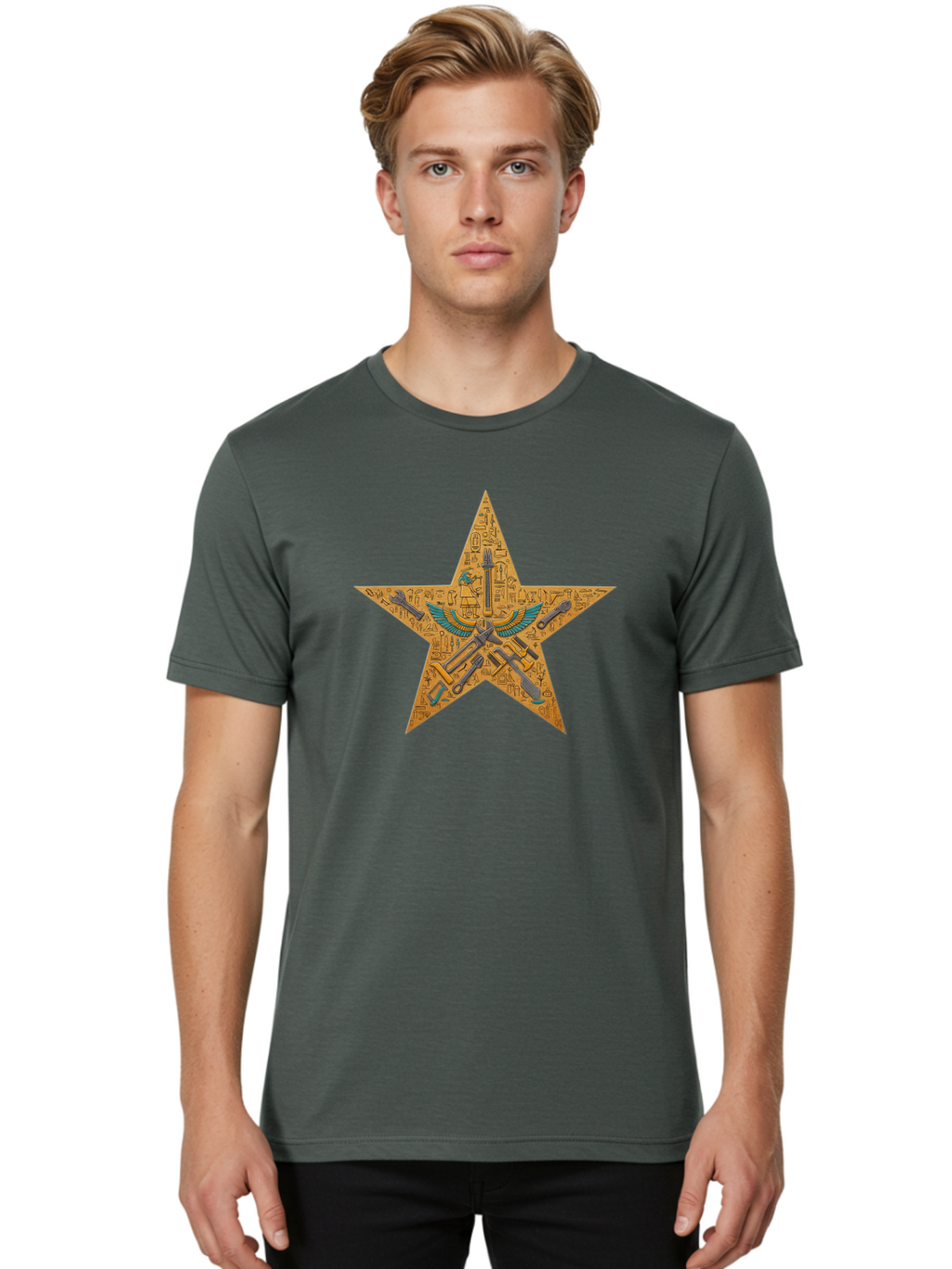 Star-With-Ancient-Egyptian-Symbols Men'S Graphic Tee, 100% Cotton, Comfortable Casual Summer Wear, Machine Washable, Ancient Egyptian Symbols, Was Sceptre, Winged Staff, Mystical Power, Historical Significance, Esoteric Knowledge, Bad707
